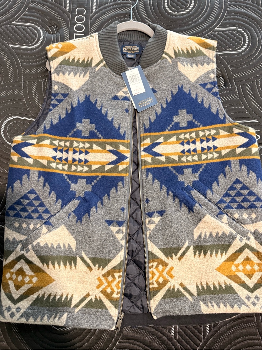 Pendleton Men’s Gray, Blue & Gold Zip-Up Wool Sweater Vest
